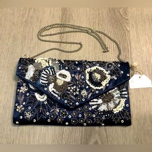 Blue Satin Shoulder/Clutch bag with flower design